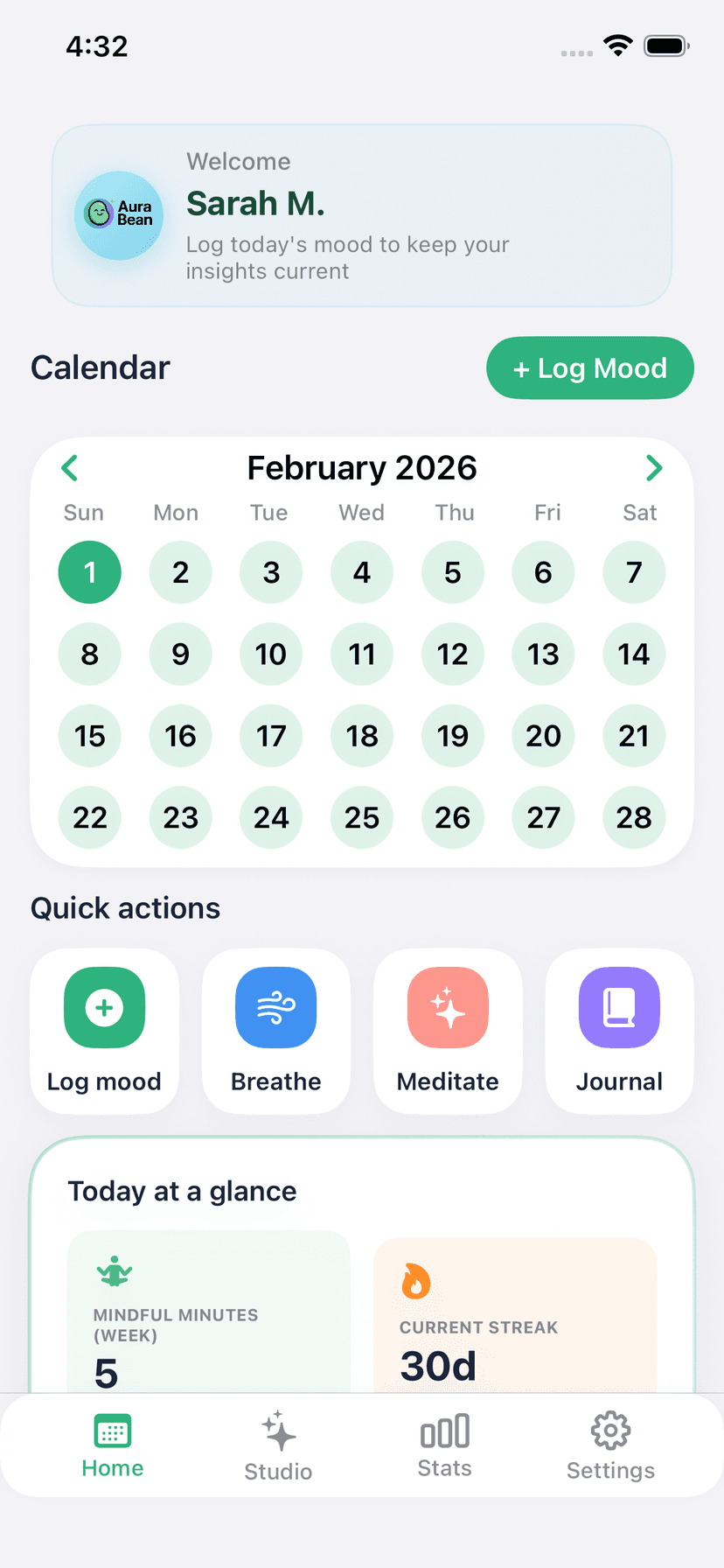 AuraBean app showing mood calendar, streaks, and daily check-in