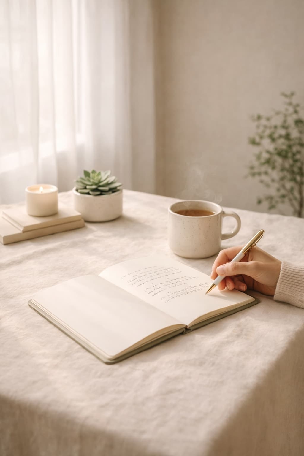 Calm morning desk with open journal, herbal tea and a small plant by a sunlit window